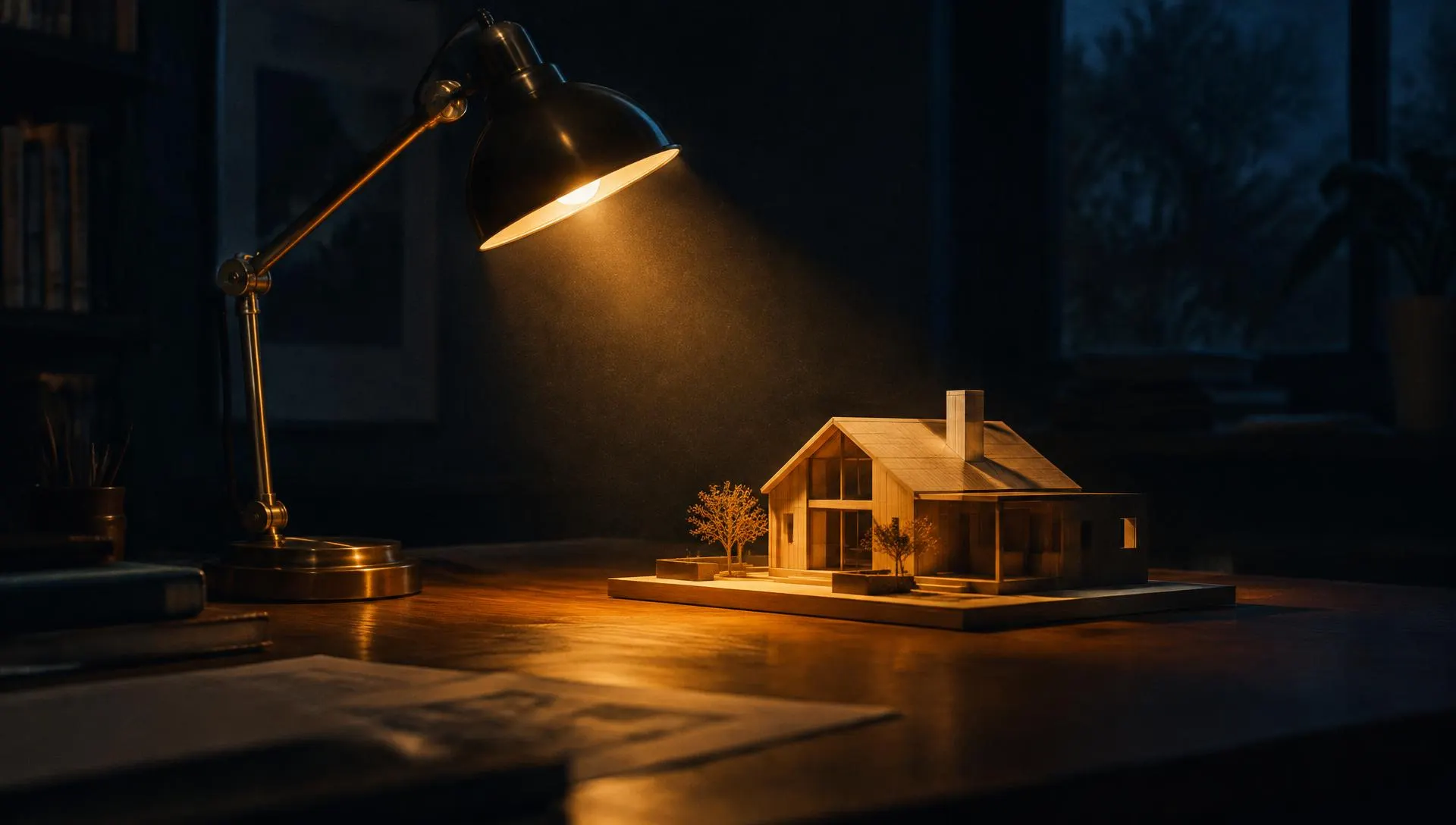 Lampada da scrivania che illumina una piccola casa in miniatura